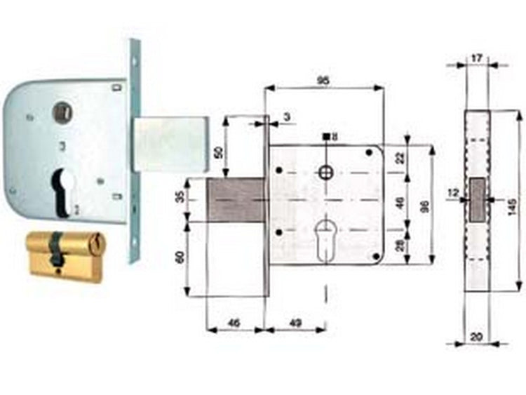 2pz serratura infilare cancelli catenaccio e scrocco + quadro cilindro sag. 133 - mm.50 (133 50 0) fer51002