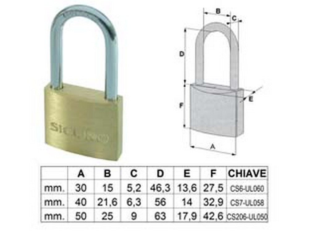 6pz lucchetto ottone arco lungo - mm.40 fer51644