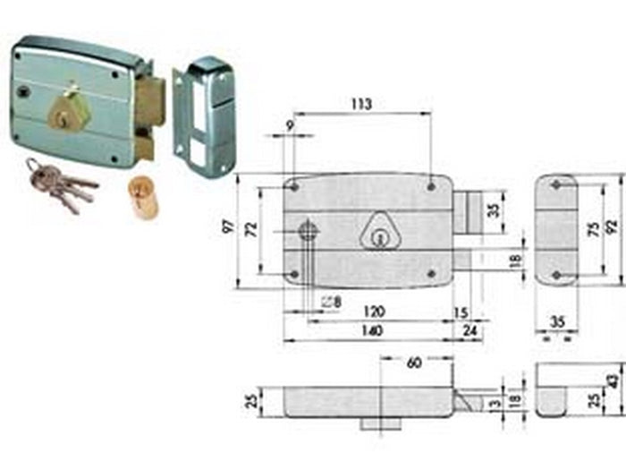 serratura portoncino quadro catenaccio e scrocco cilindro fisso 50471 - mm.60 sx (50471602) cod:ferx.fer86028