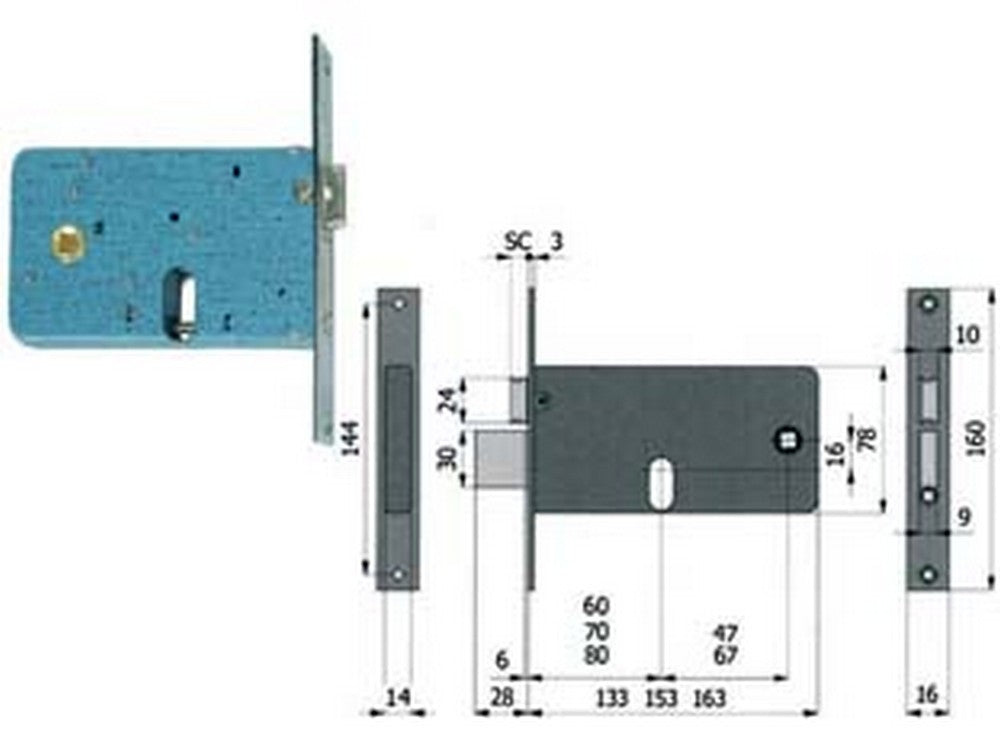 serratura da infilare per fasce catenaccio e scrocco mm.78 h 870 - mm.80 interasse mm.67 (870) fer110853