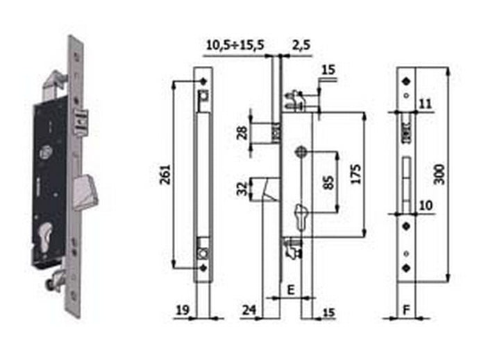 seserratura triplice infilare per montanti catenaccio e scrocco 1410 - mm.30 interasse mm.85 (1410.30.25) fer112994