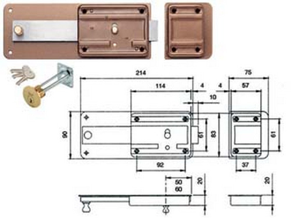 2pz ferroglietto con catenaccio 5 mandate scrocco cilindro staccato 320 - mm.60 (320605) cod:ferx.fer171335