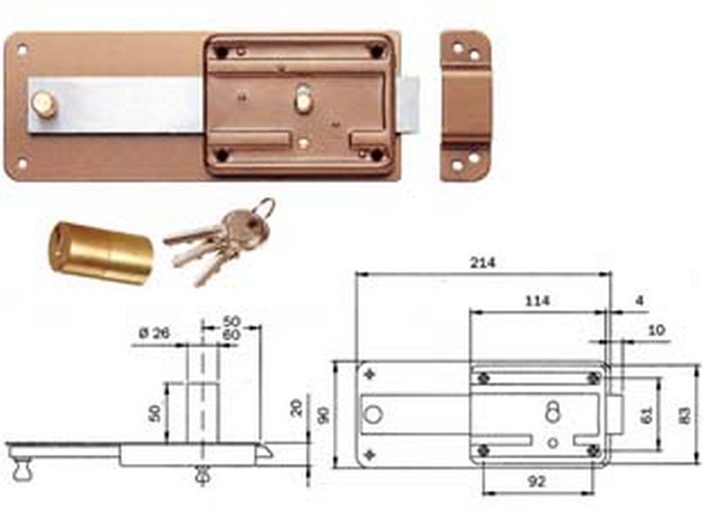 2pz ferroglietto per ferro catenaccio 5 mandate scrocco cilindro fisso 3105 - mm.50 (310504500) fer171342