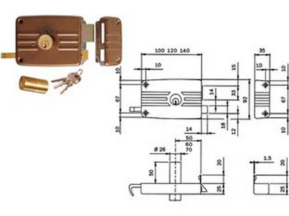 2pz serratura da portoncino catenaccio e scrocco doppio cilindro fisso 431/432 - mm.50 dx 2 mandate (431502e) fer171380