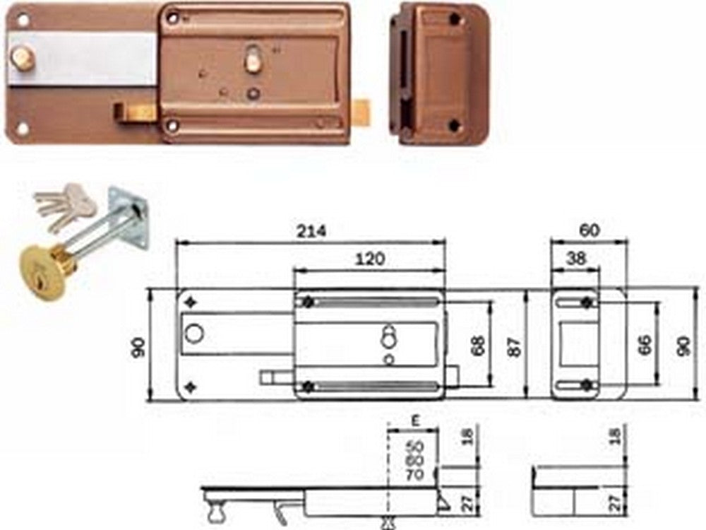 2pz ferroglietto con catenaccio 6 mandate e scrocco separato cilindro stacc. 340 - mm.50 (340506) fer171441