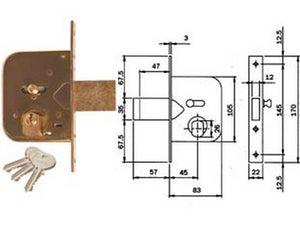 2pz serratura da infilare per cancelli caten. prol. e scrocco con nottol. 604 - mm.45 (604451) cod:ferx.fer171724