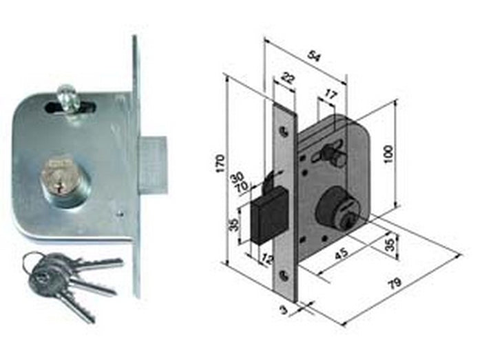 2pz serratura da infilare per cancelli catenaccio e scrocco con nottolino 065 - mm.45 con catenaccio da mm.70 (06545400) fer194884