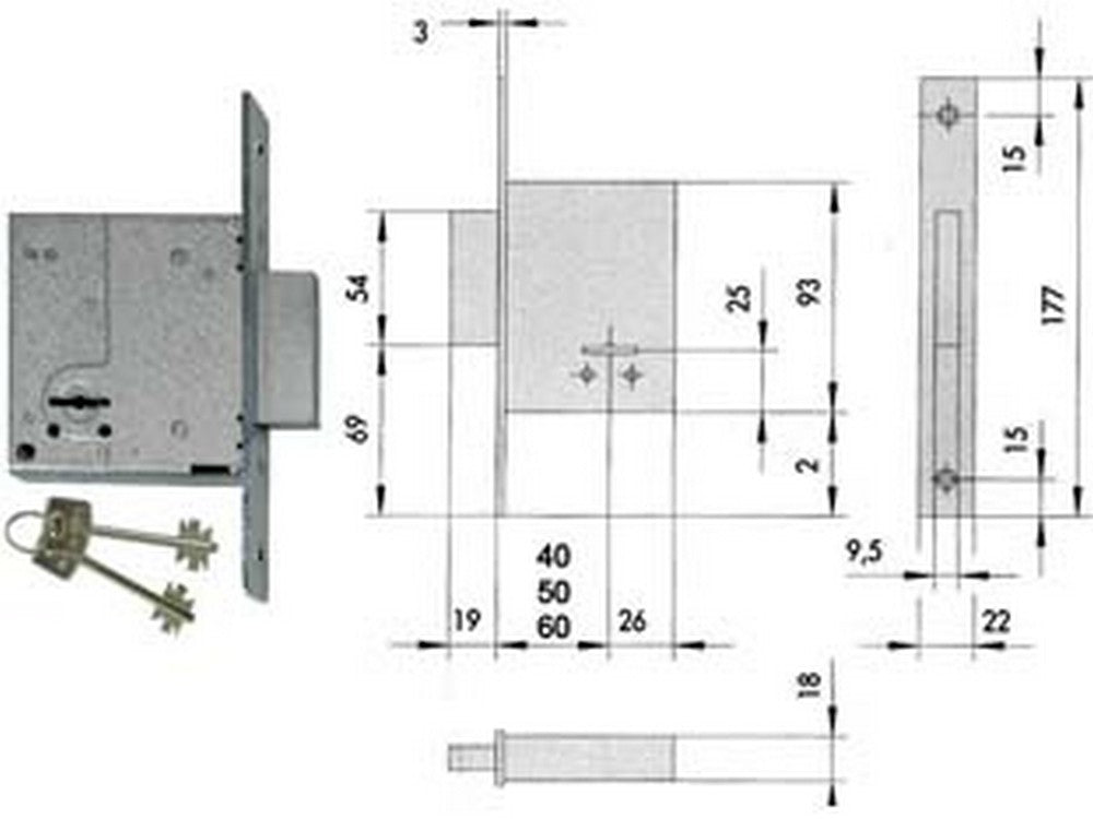 serratura da infilare doppia mappa 57223 - mm.60 piastra mm.22x175h. (57223600) cod:ferx.fer201032