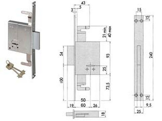 serratura triplice da infilare doppia mappa 57226 - ka mm.60 c/1 ch. cif. unica sr. 12 pz (57226620) fer201339