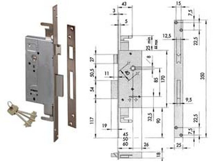 serratura triplice da infilare doppia mappa con scrocco 57215 - mm.50 (57215500) fer201209