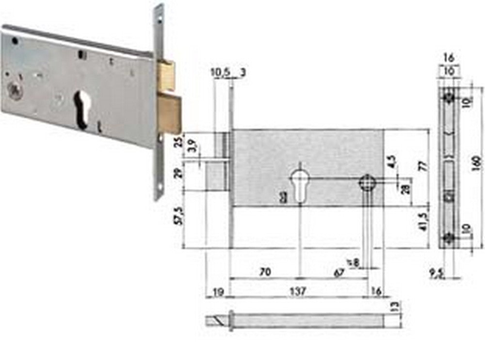 serratura da infilare per fasce catenaccio e scrocco mm.77 h 44360 - mm.70 (44360700) fer201582