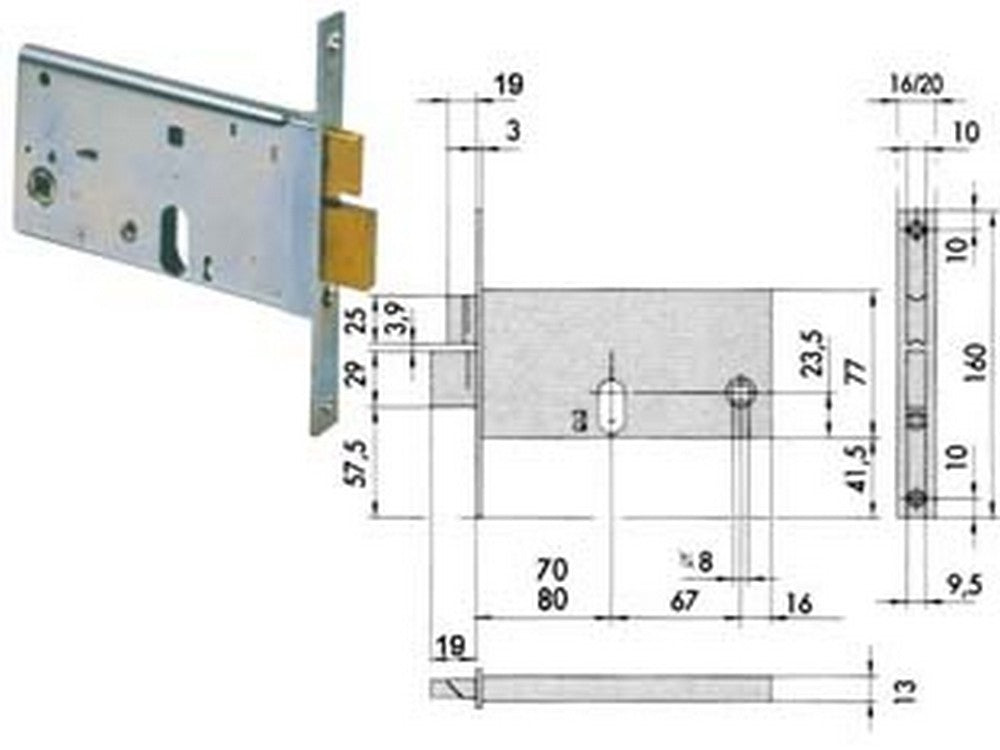 serratura da infilare per fasce catenaccio e scrocco mm.77 h 44460 - mm.80 con frontale mm.20 (44461800) fer244435