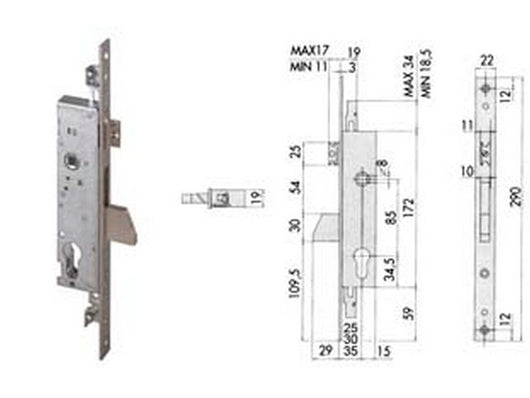 serratura triplice da infilare per montanti con quadro e scrocco 46225 - mm.25 (46225250) fer201728