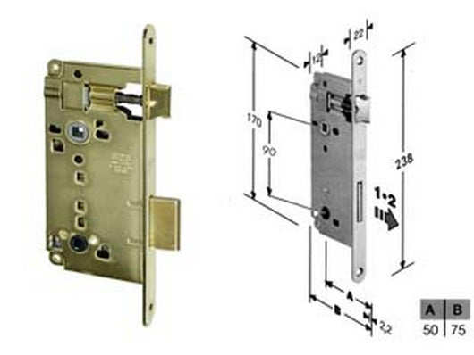 serratura a bussola infilare bordo tondo ott. con apertura emergenza - mm.50 bordo acc.ottonato vernic. (b.00595.50.03) fer204040