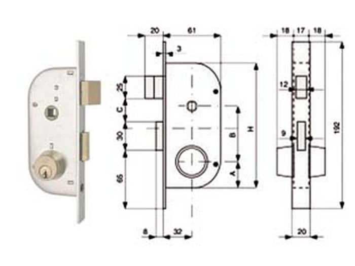 2pz serratura infilare cancelli 2 mandate e scrocco separato + quadro cilindro fissi 147 - mm.32 (147.32.0) fer284080