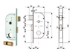 2pz serratura infilare cancelli 2 mandate e scrocco separato + quadro cilindro tondo 149 - mm.32 (149.32.0) cod:ferx.fer284103