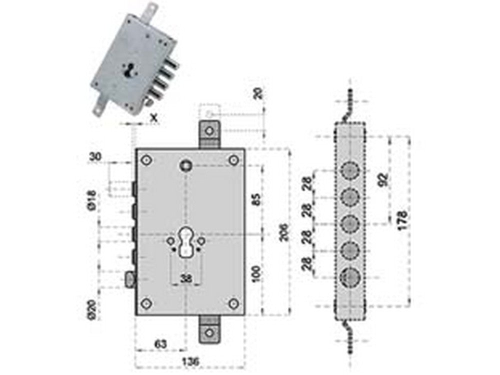 serratura triplice da applicare con scrocco cilindro europeo blindate 50128 - mm.63  cod:ferx.fer287128