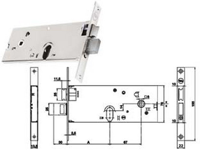 serratura da infilare per fasce catenaccio e scrocco mm.78 h 86502 - mm.80 a 3 mandate (y8650280080) fer311458