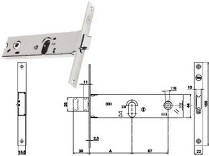 serratura da infilare per fasce catenaccio e scrocco mm.44 h 87502 - mm.80 a 2 mandate (y8750280080) cod:ferx.fer311496