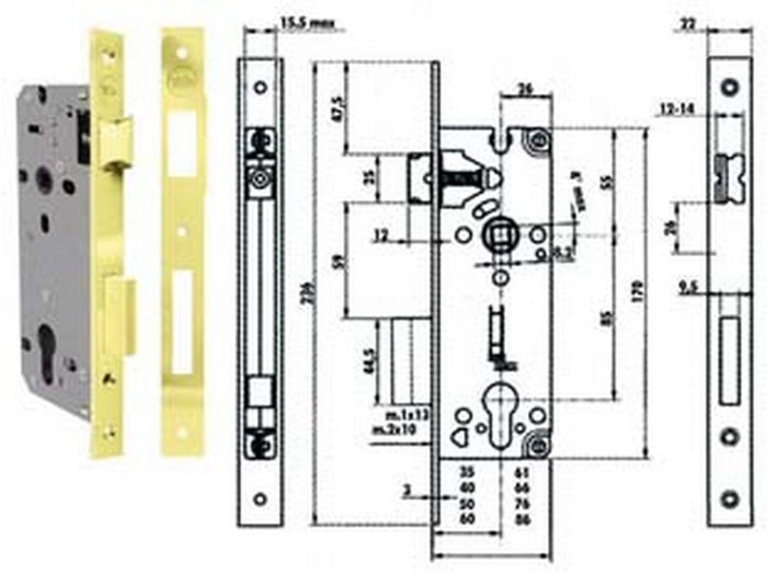 serratura da infilare a cilindro bordo quadro 52x - mm.60 (y52x0060) fer311687