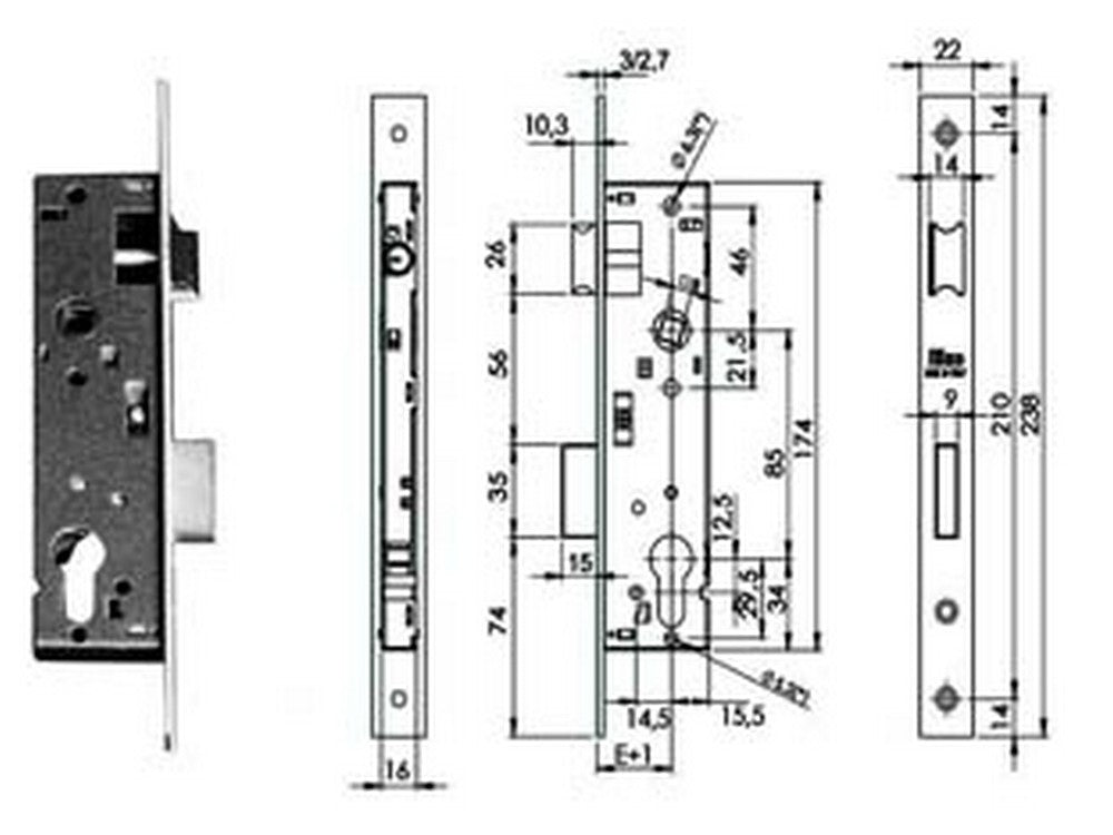 serratura infilare per montanti profilo europeo caten. scrocco quadro 741n - mm.21 (741n203) fer321778