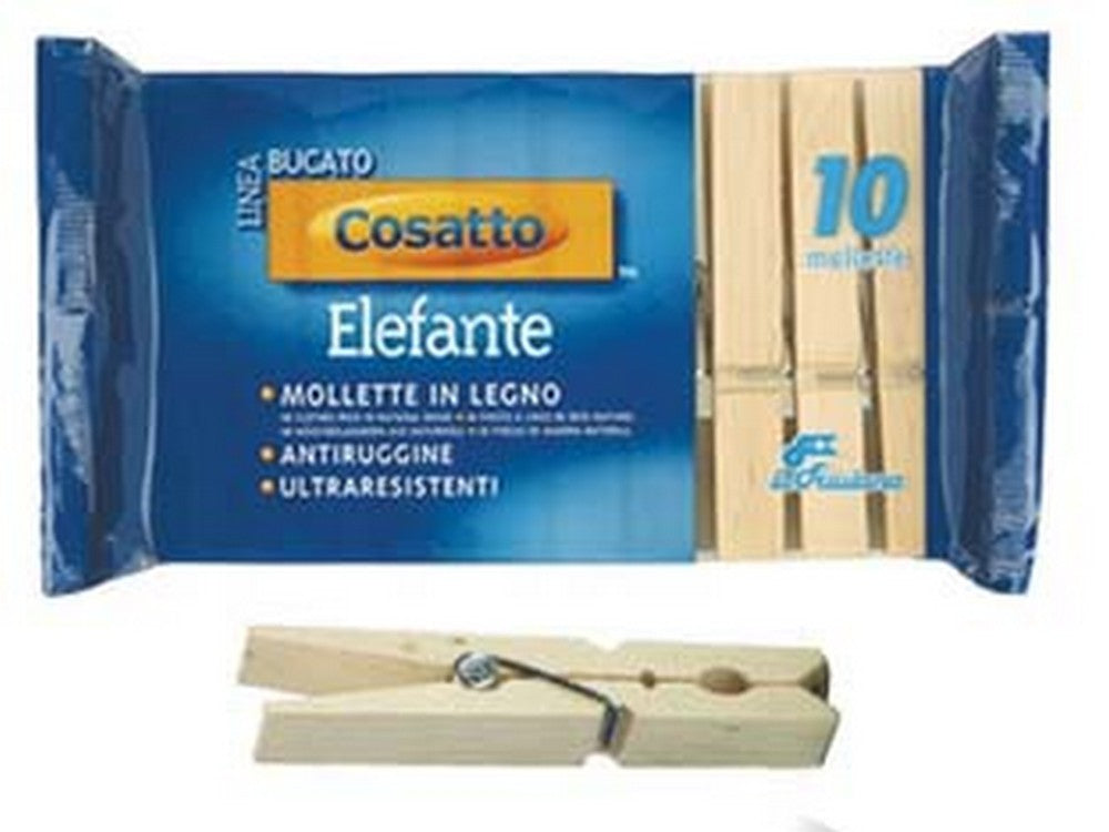 cf mollette elefante in legno naturale molla antiruggine cm.10 pz.10 fer322300