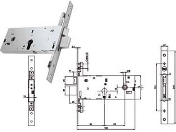 serratura triplice infilare per fasce catenaccio e scrocco mm.78h 94000 - mm.90 (y9400090080) fer380775