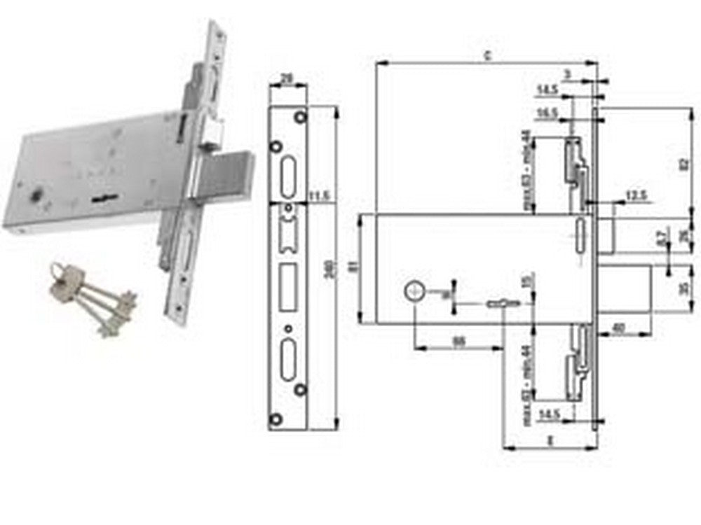 serratura tripl. infilare per fasce d/mappa caten. e scrocco mm.81 h f6873 - mm.70 (f6873) fer381222