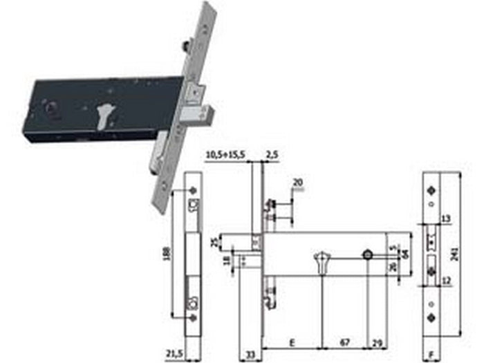 serratura triplice infilare per fasce catenaccio e scrocco mm.64 h - mm.110 interasse mm.67 (11170) fer393959