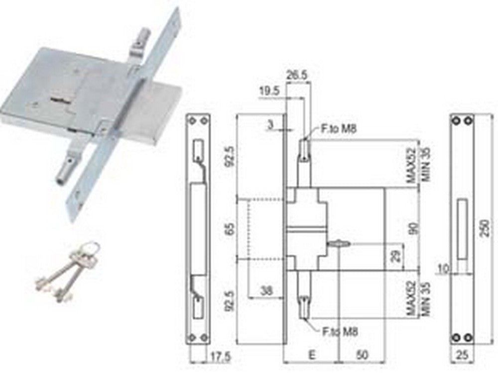 serratura triplice da infilare doppia mappa attacco aste m8 450/3m8s - mm.70 (00450 3m 70 2c ci) fer404266