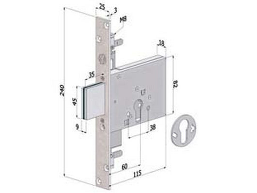 serratura triplice infilare profilo europeo 3 mandate 2053 - mm.70 (2053xzb7025) cod:ferx.fer430357