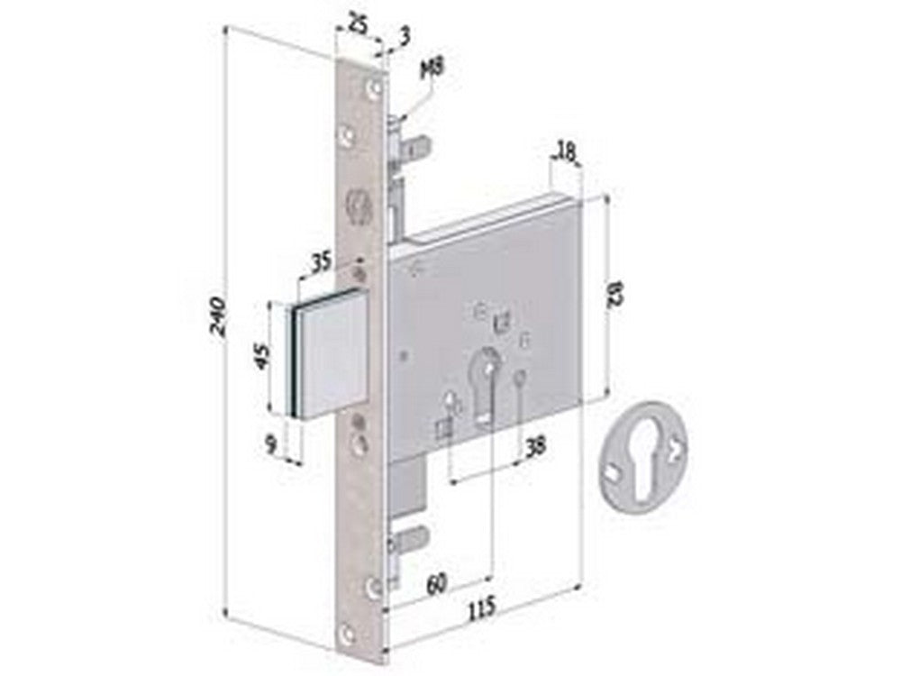 serratura triplice infilare profilo europeo 3 mandate 2053 - mm.70 (2053xzb7025) fer430357