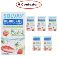 Solvay bicarbonato di sodio ideale per frutta & verdura e superfici 6 confezioni da 400 grammi