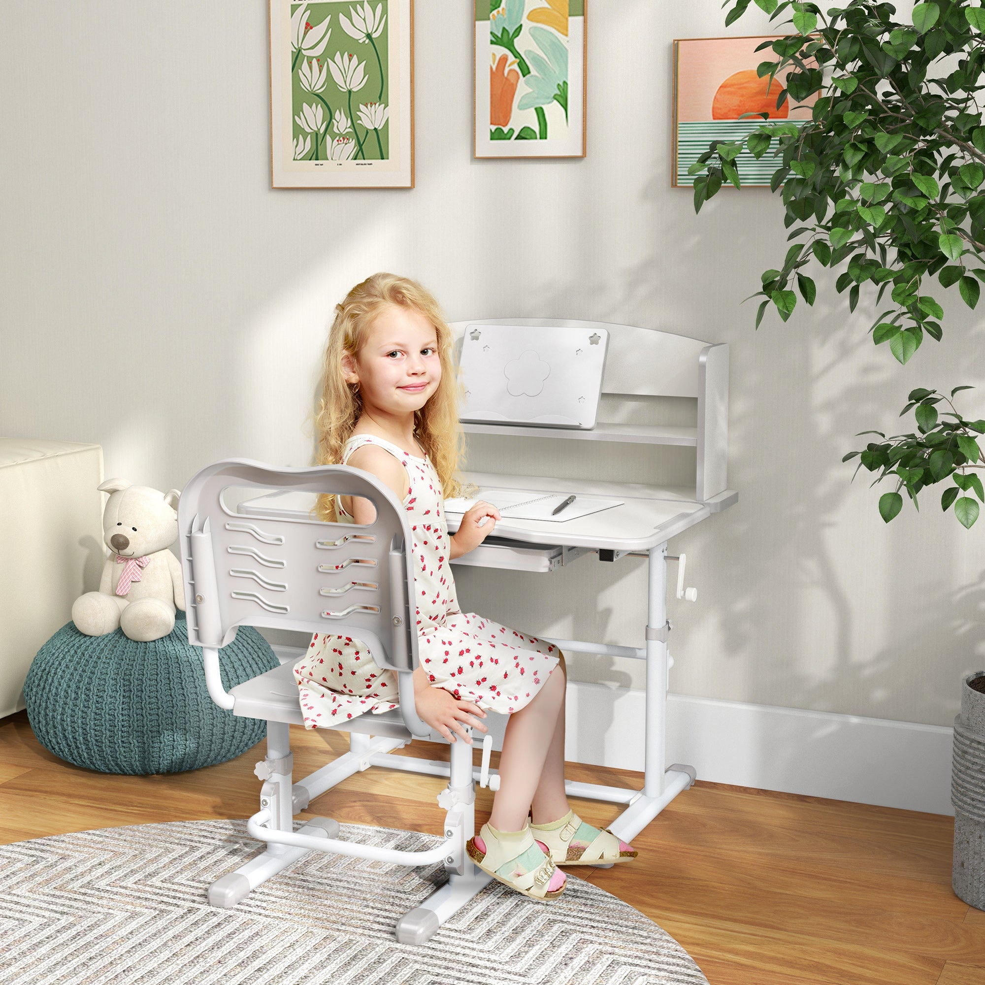 Banco Studio Scuola per Bambini 80x54,5x104 cm con Sedia Regolabile e Piano Inclinabile Grigio