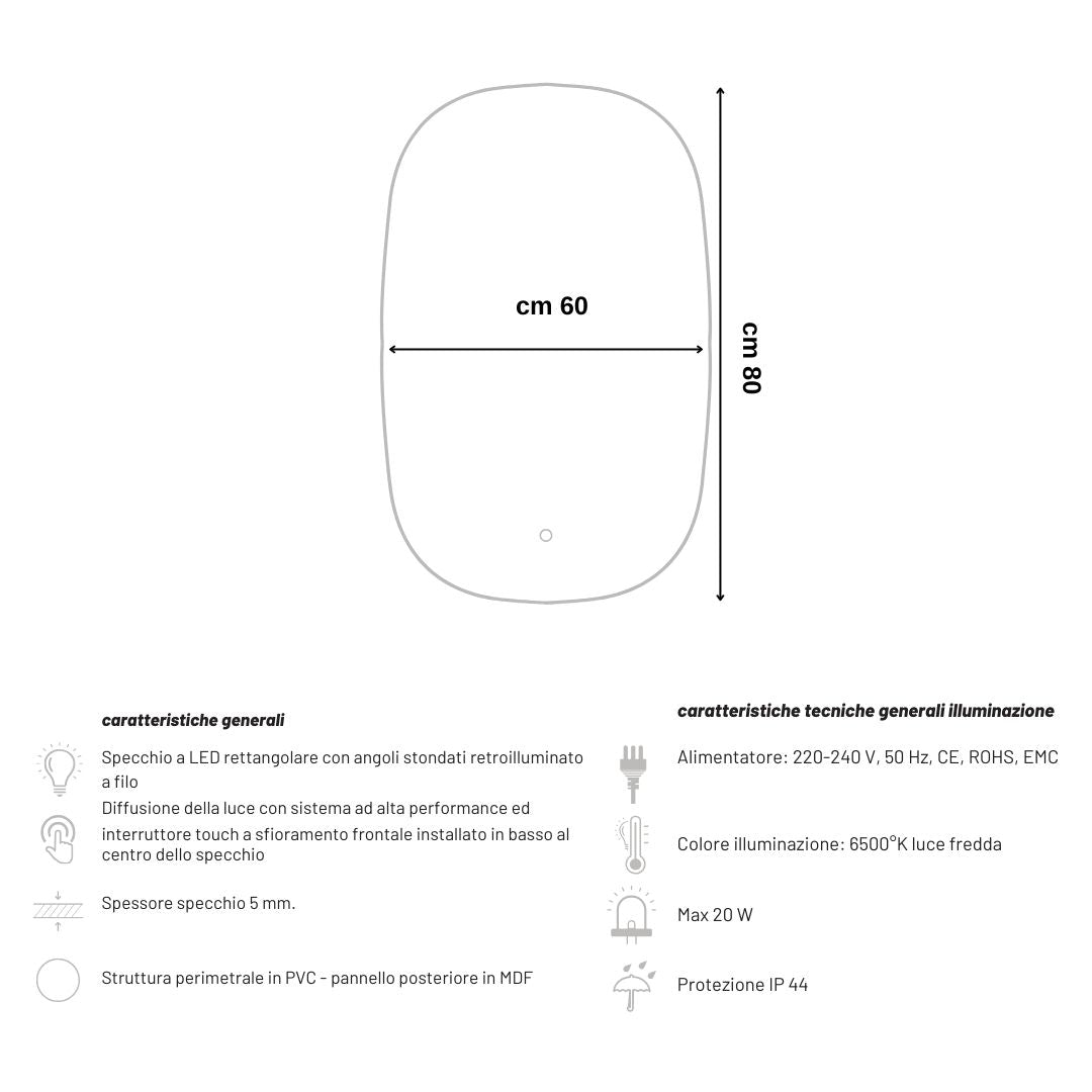 Ogomondo specchio 5 mm rettangolare stondato retroilluminato interruttore touch *** misure 60x80 cm, tonalità dimmer...