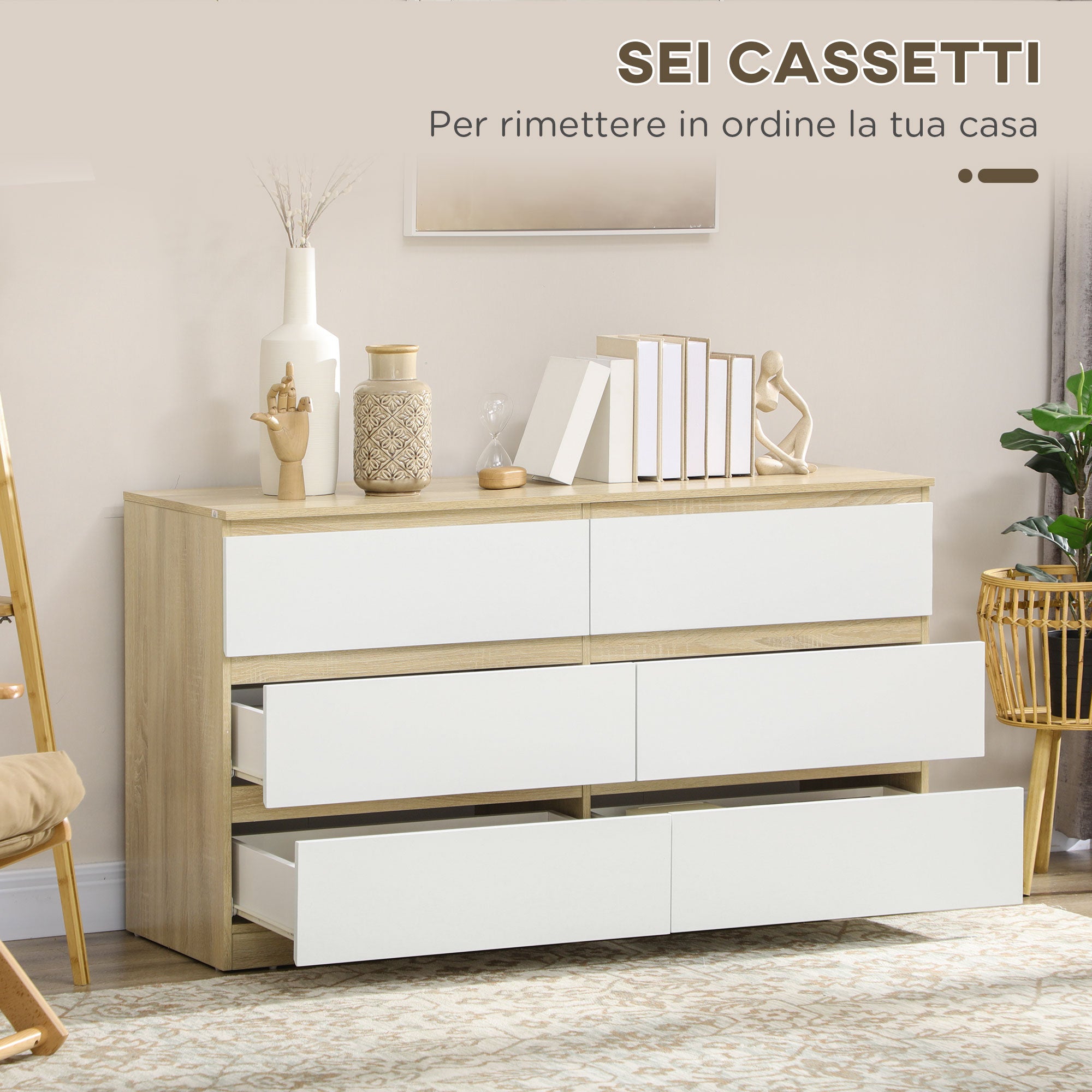 Cassettiera 6 Cassetti 135x48x77 cm in Legno Bianco e Colore Legno