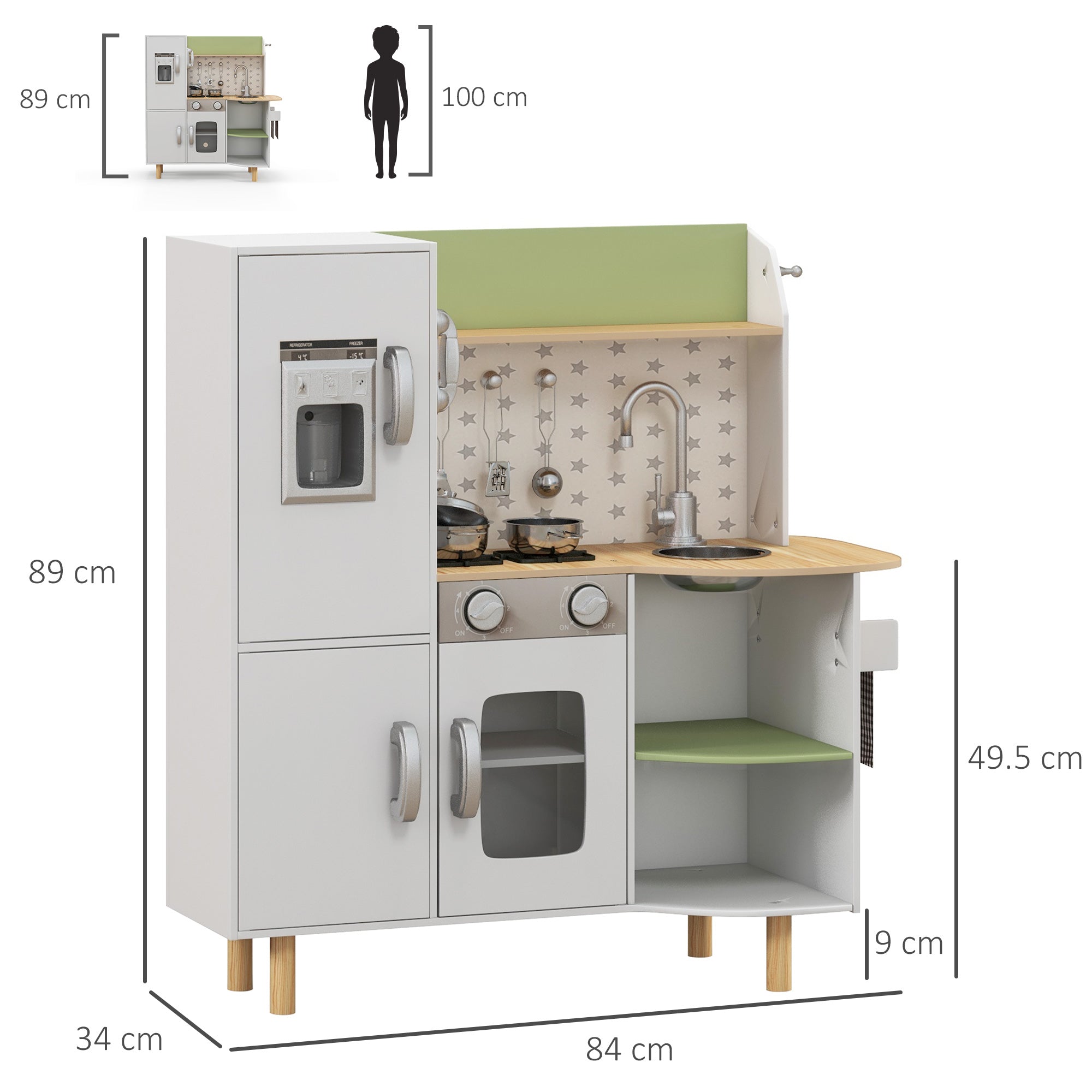 Cucina Giocattolo per Bambini 84x34x89 cm con Macchina del Ghiaccio e Utensili Bianco e Verde