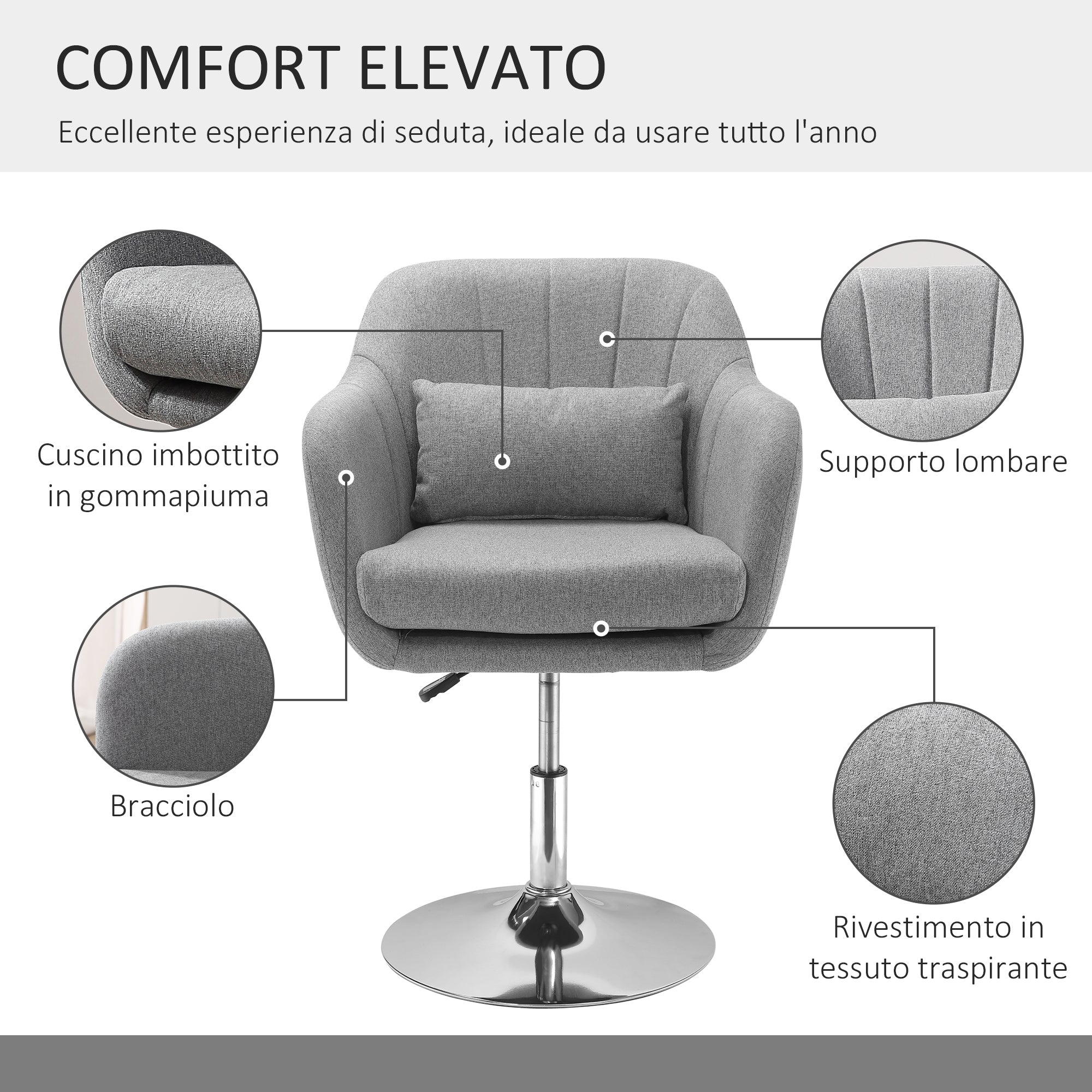 Sedia Girevole 360° 60x60x79-91 cm con Cuscino e Supporto Lombare Grigia