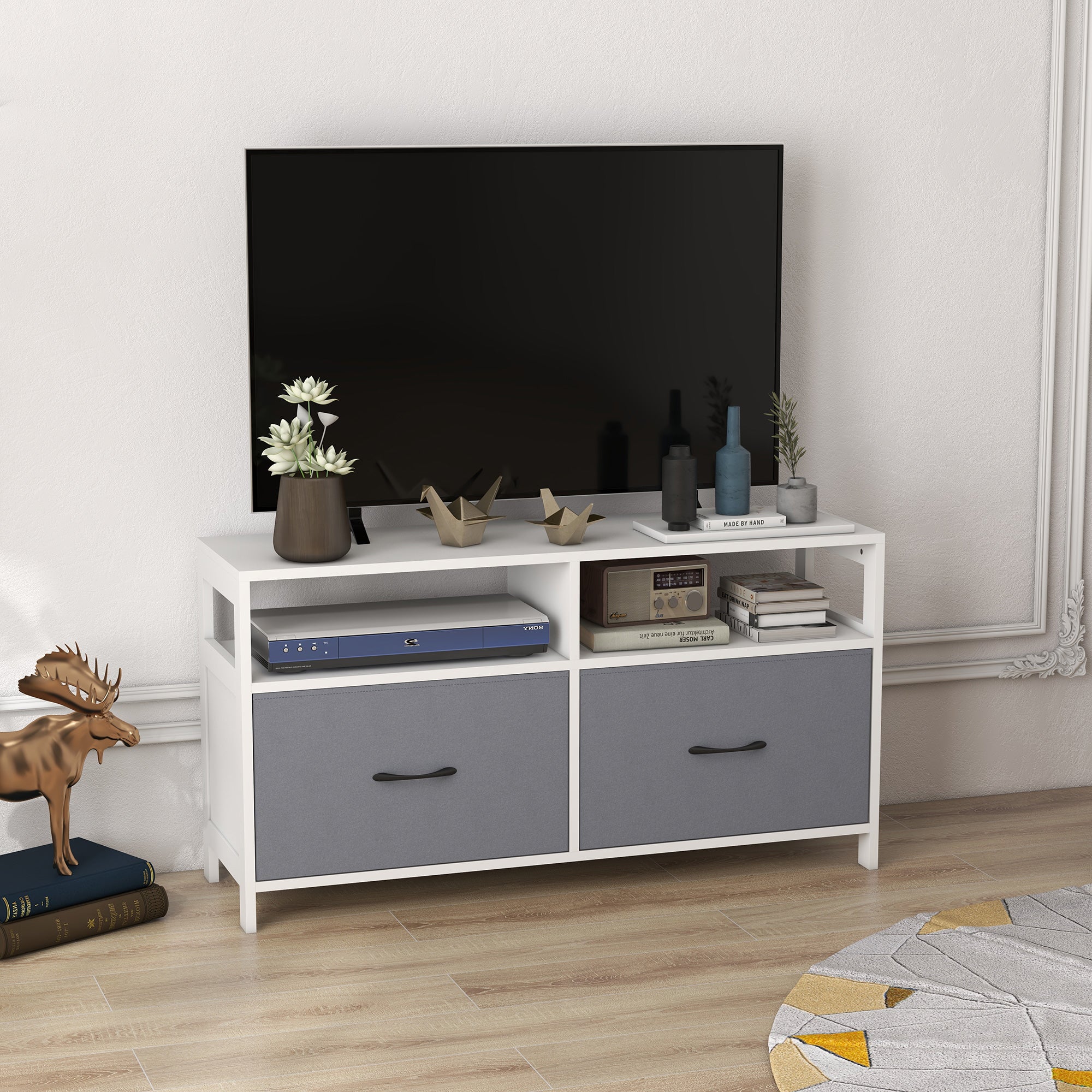 Mobile TV max 45” 100x30x53 cm in MDF e 2 Cassetti Tessuto non Tessuto Bianco e Grigio