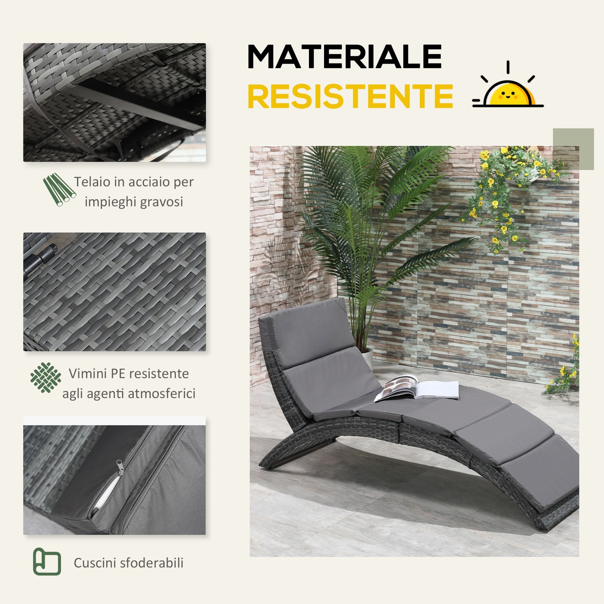 Lettino Prendisole da Giardino Pieghevole 59x156x78 cm in Rattan PE Ergonomica  Grigio