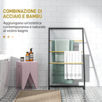 Piantana Portasciugamani da Bagno da Terra 4 Sbarre 60x35x102 cm in Bambù e Acciaio Nero