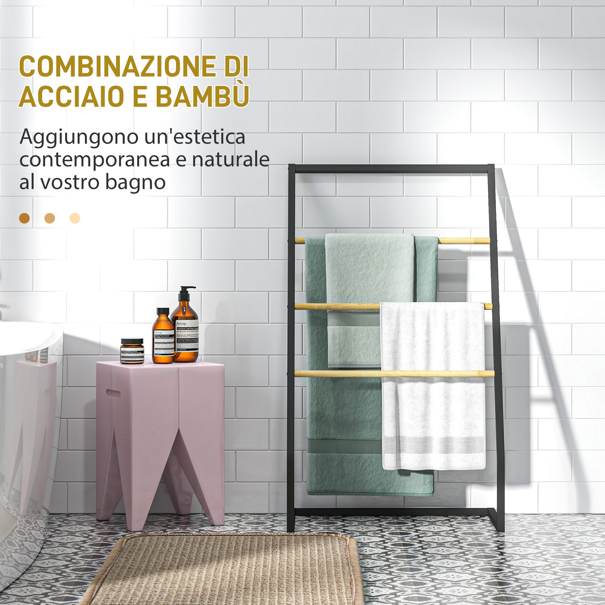 Piantana Portasciugamani da Bagno da Terra 4 Sbarre 60x35x102 cm in Bambù e Acciaio Nero