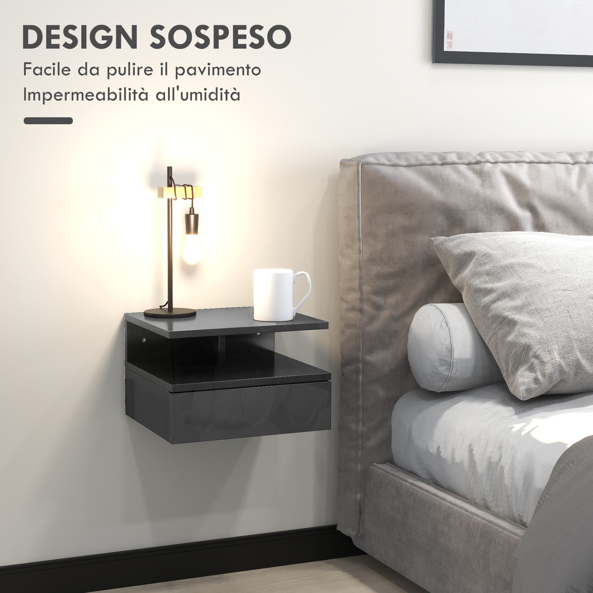 Set 2 Comodini Sospesi con Cassetto e Mensola 35x32x22,5 cm Nero Lucido