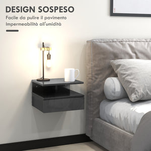 Set 2 Comodini Sospesi con Cassetto e Mensola 35x32x22,5 cm Nero Lucido