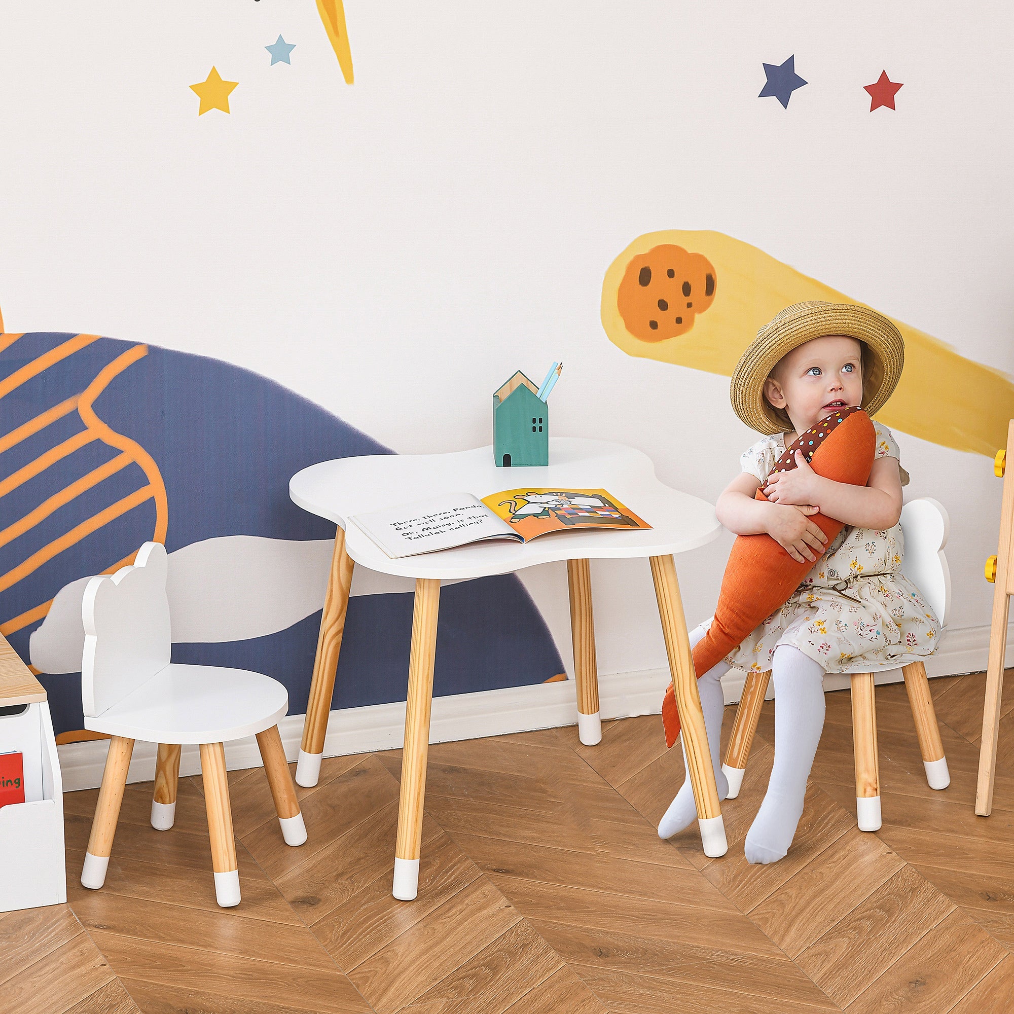 Set Tavolino con 2 Sedie per Bambini a Forma di Orsetto in Legno di Pino e MDF Bianco