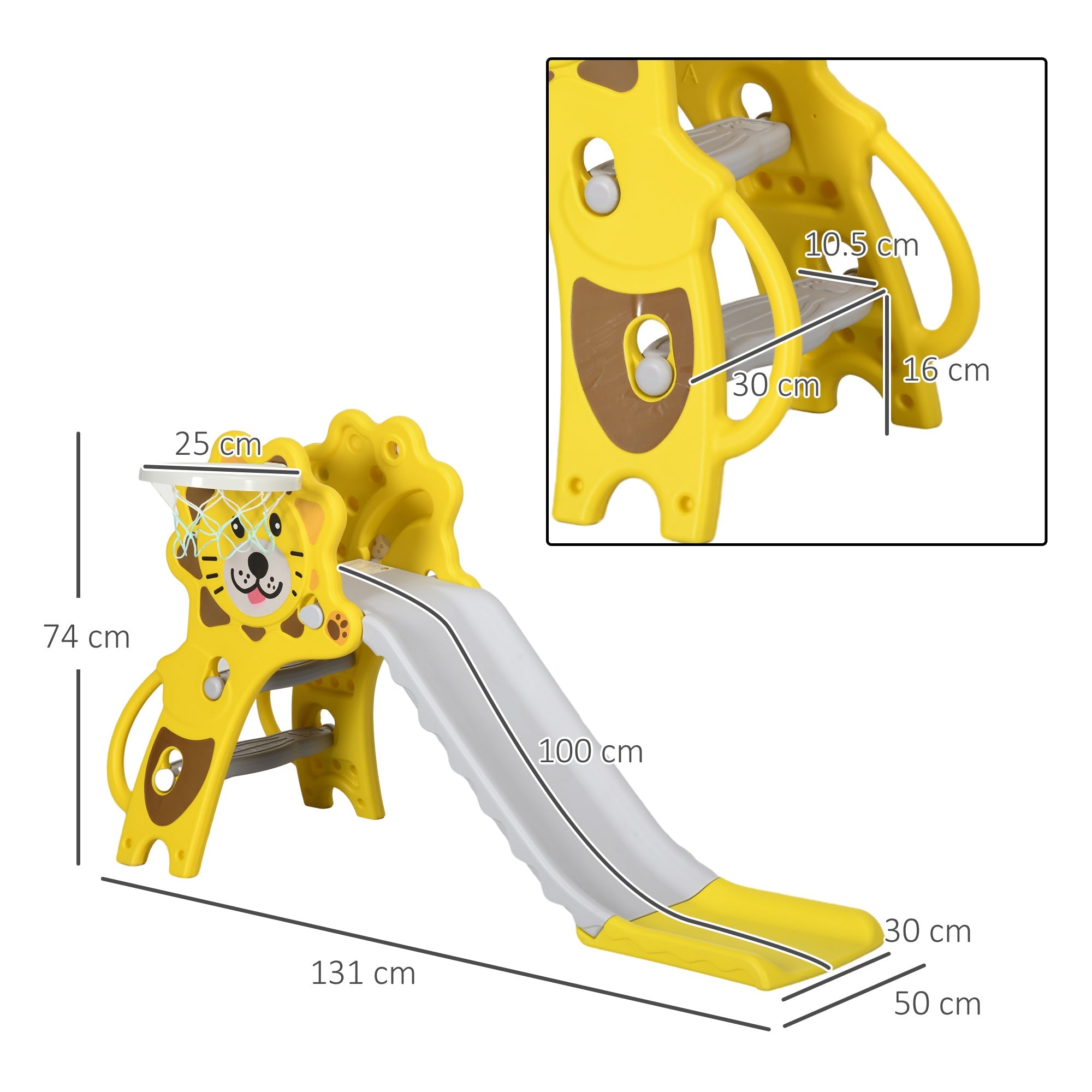 Scivolo per Bambini 131x50x74 cm con Canestro Laterale in PE Giallo e Grigio