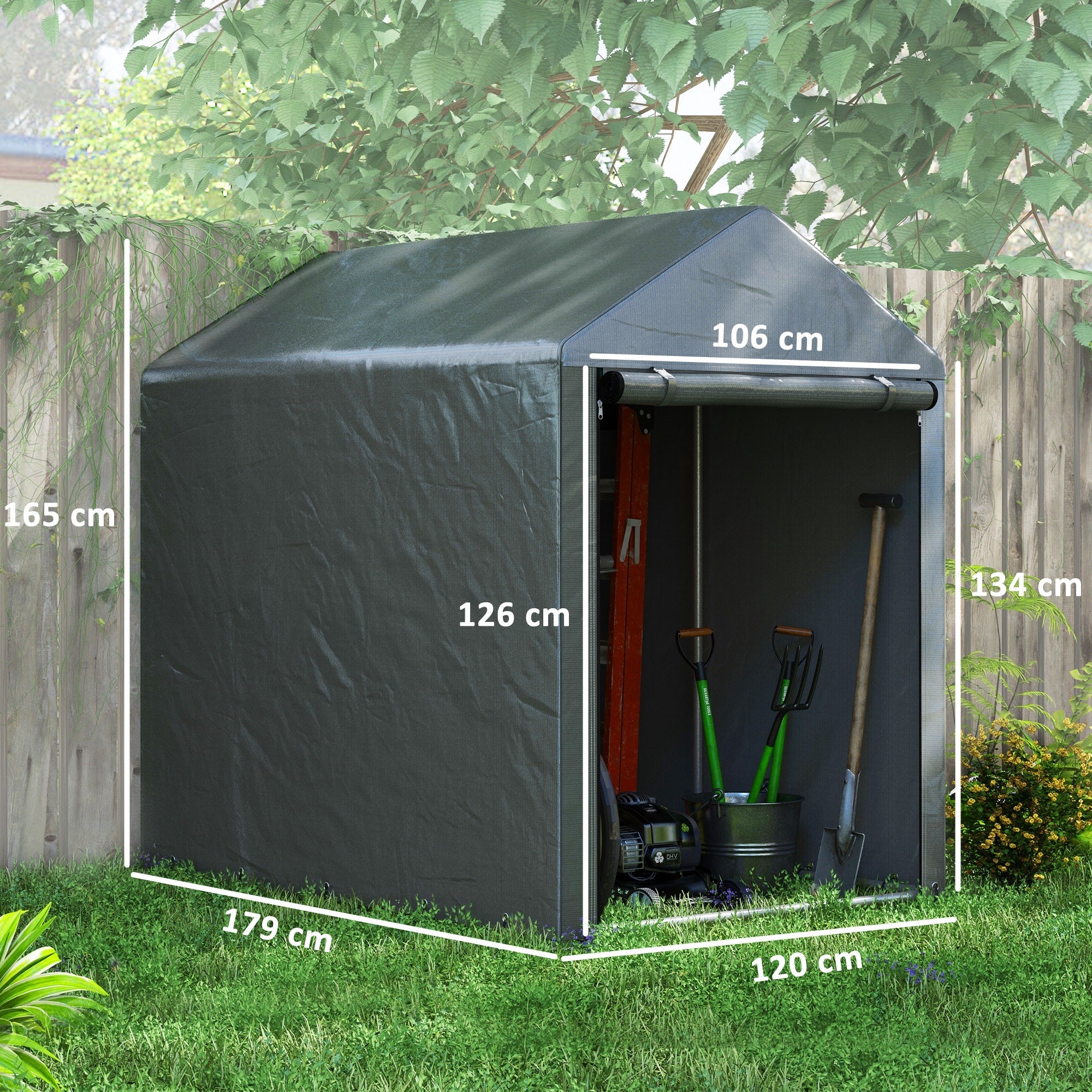 Capanno Box per Attrezzi da Giardino 120x179x165 cm Tenda in PE anti UV e Metallo Grigio scuro