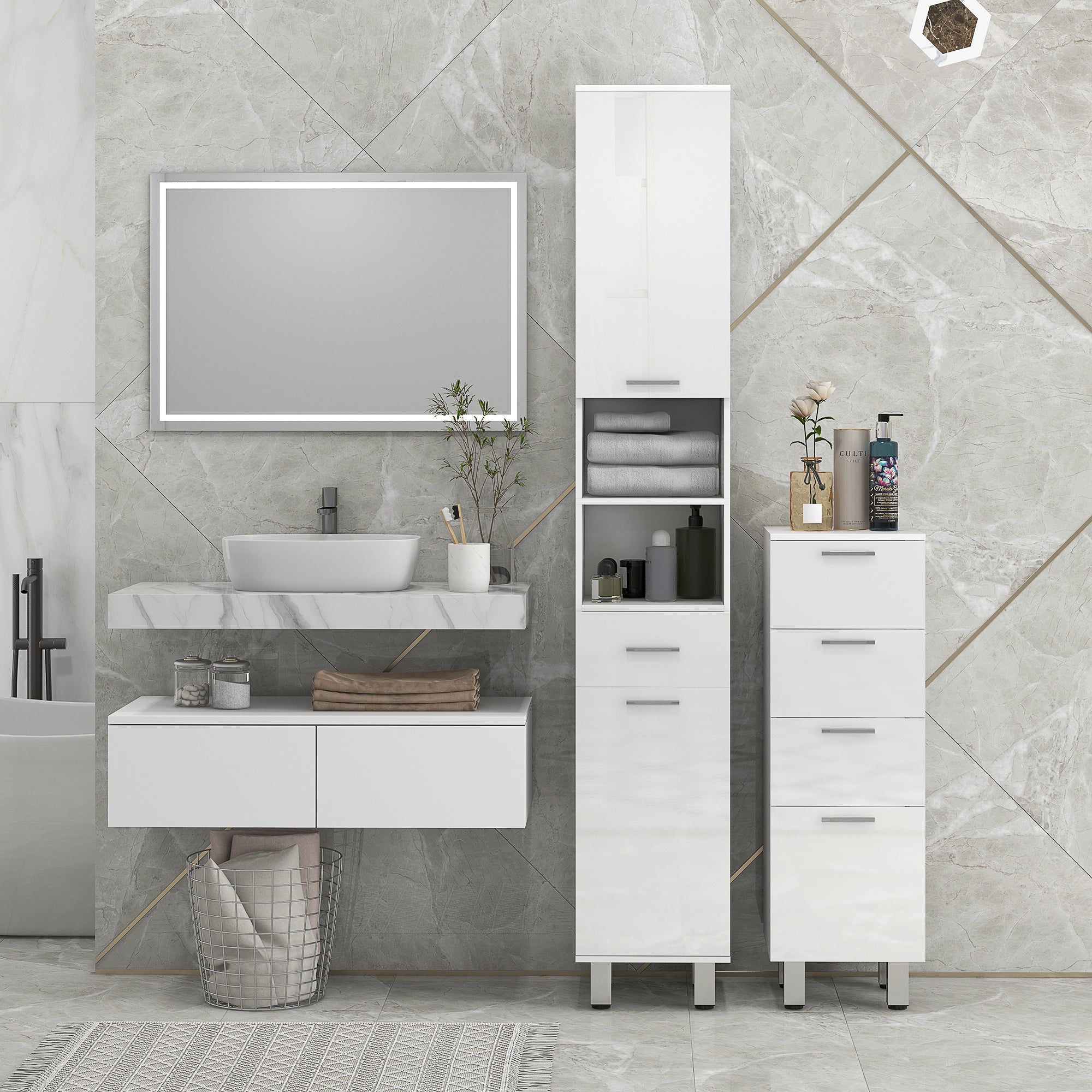 Mobiletto Bagno 4 Cassetti 30x30x93 cm in Truciolato Bianco