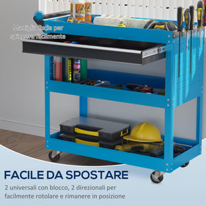 Carrello Porta Attrezzi con Manico Laterale 3 Ripiani e Cassetto 82x35x76 cm in Acciaio Blu