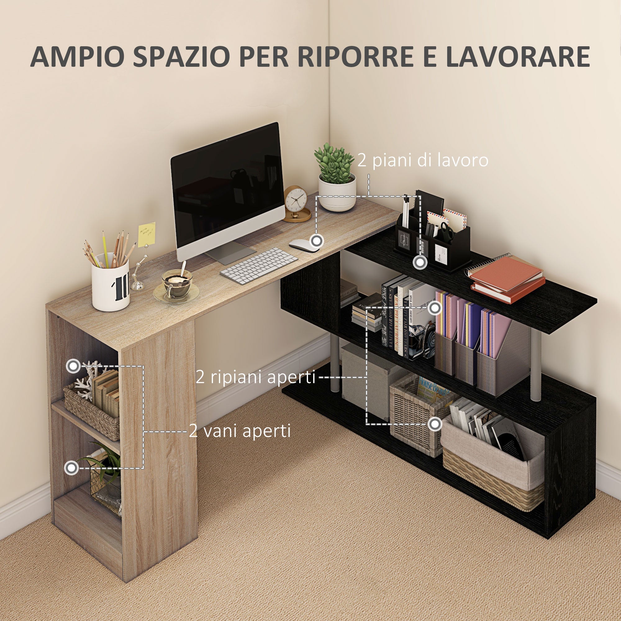 Scrivania Angolare da Ufficio 140x120x78 cm con Cassetti e Scaffale Girevole color Legno